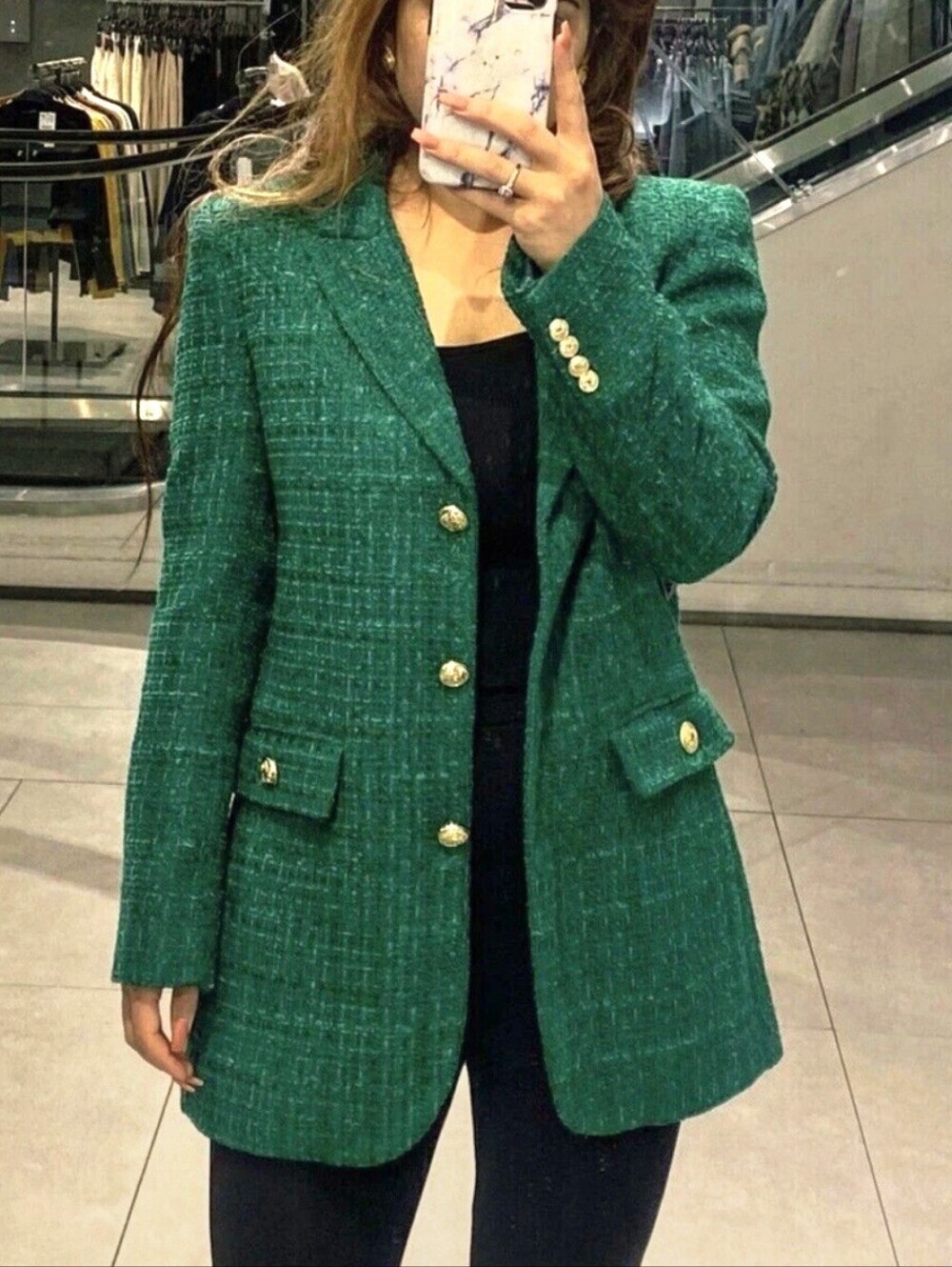 ZARA TEXTURED TWEED  BLAZER  GREEN Size XS